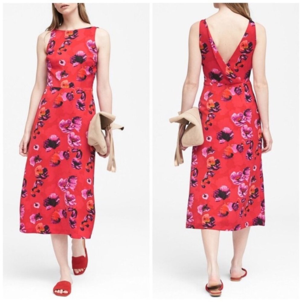 Banana Republic Floral V Back Fit Flare Midi Dress